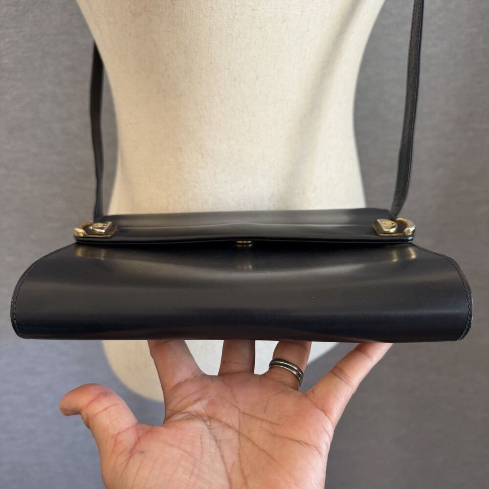 Gucci Vintage Crossbody Clutch Bag Solid Black Leather Minimalist Old Money Logo - Picture 5 of 11